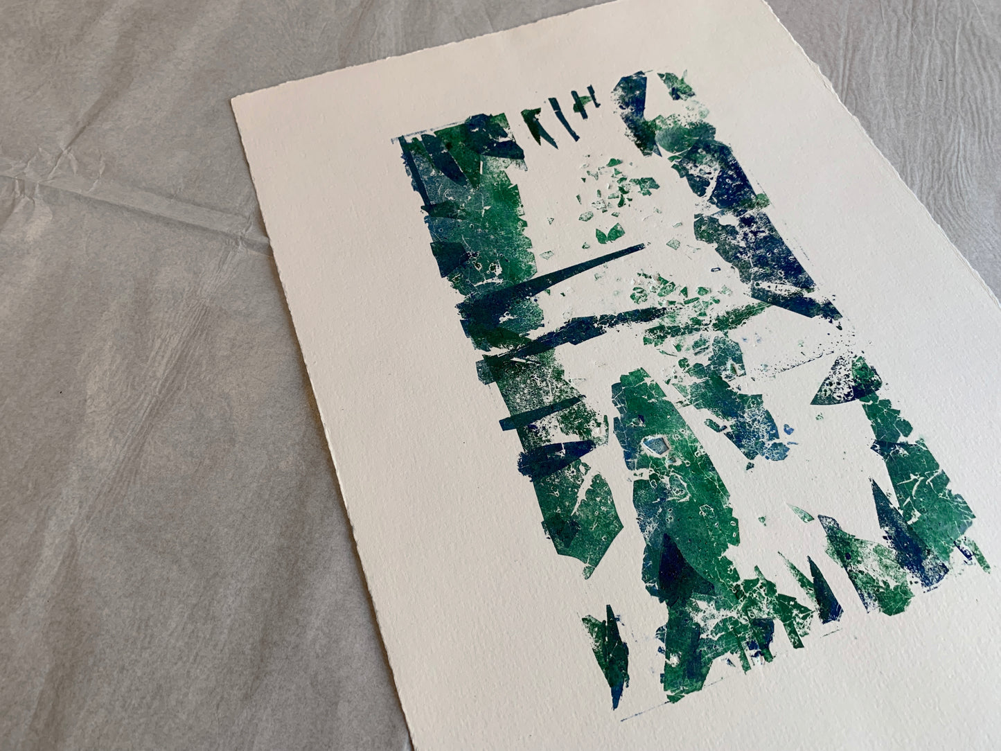 Unpredictable 2. Monotype, Prints. Green/Blue. Tiny Pieces