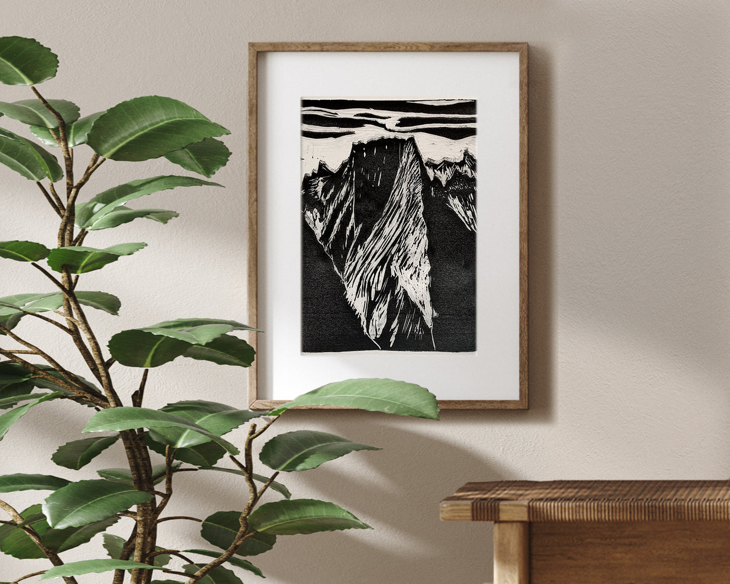 Badile mountain, Original linocut print